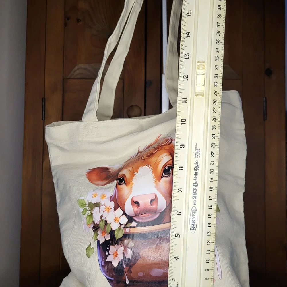Canvas Tote Bag with Cow and Floral Design - Picture 4 of 13